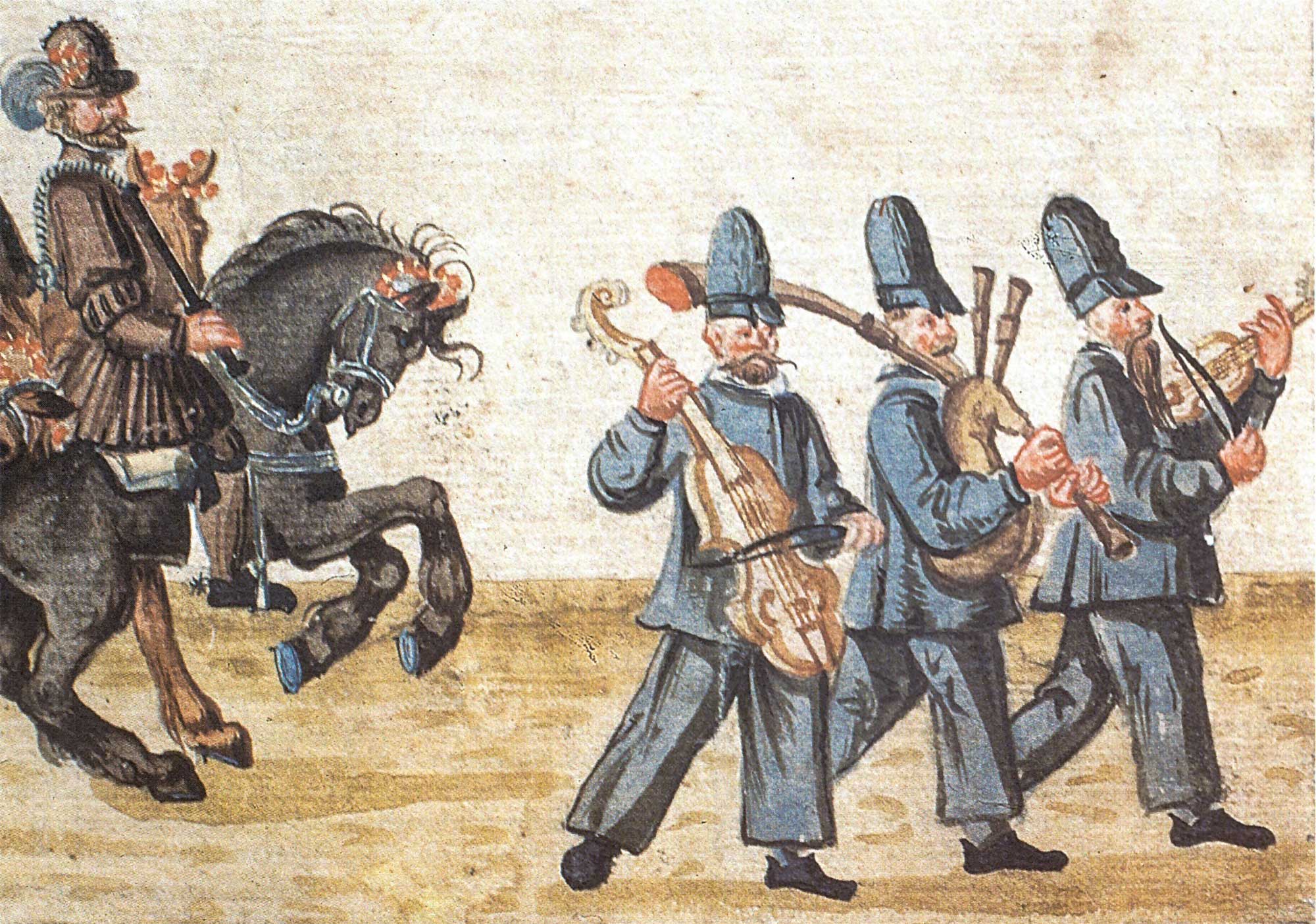Historische Darstellung einer Sackpfeife mit rot bemalter Innenwand, Dresden 1591
